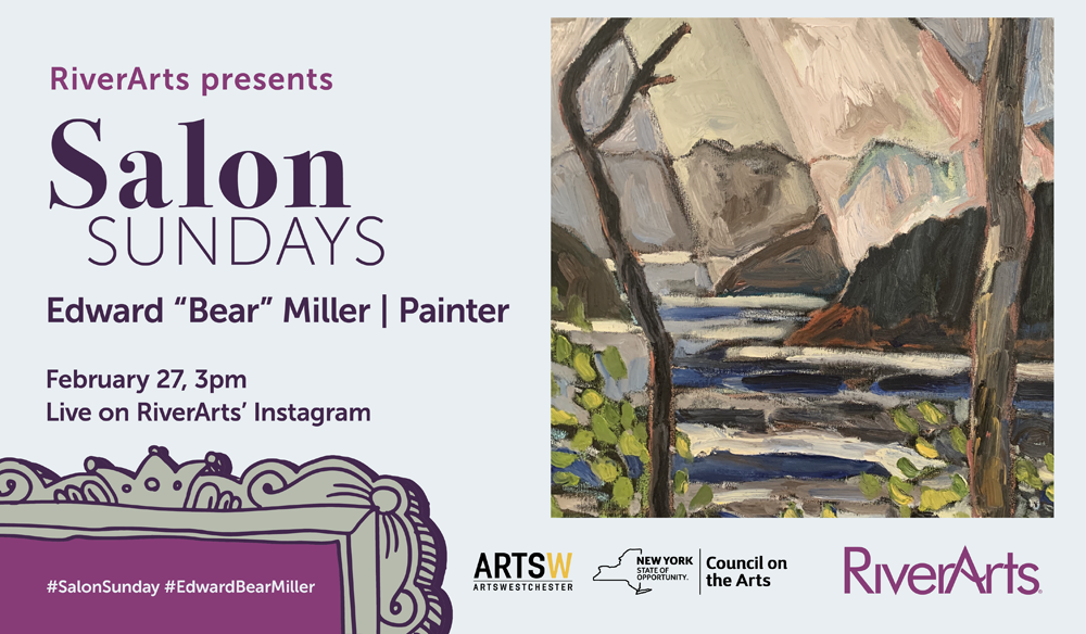 Event Flyer with painting by Miller of a stream and sunlight