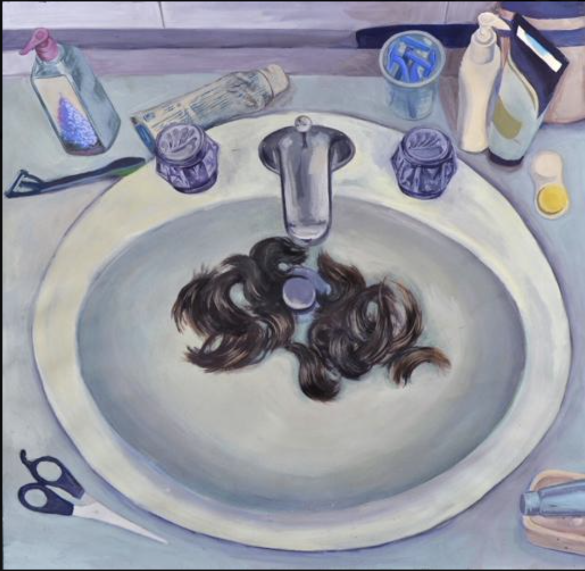 Painting of cut hair in sink by Joan Moon 